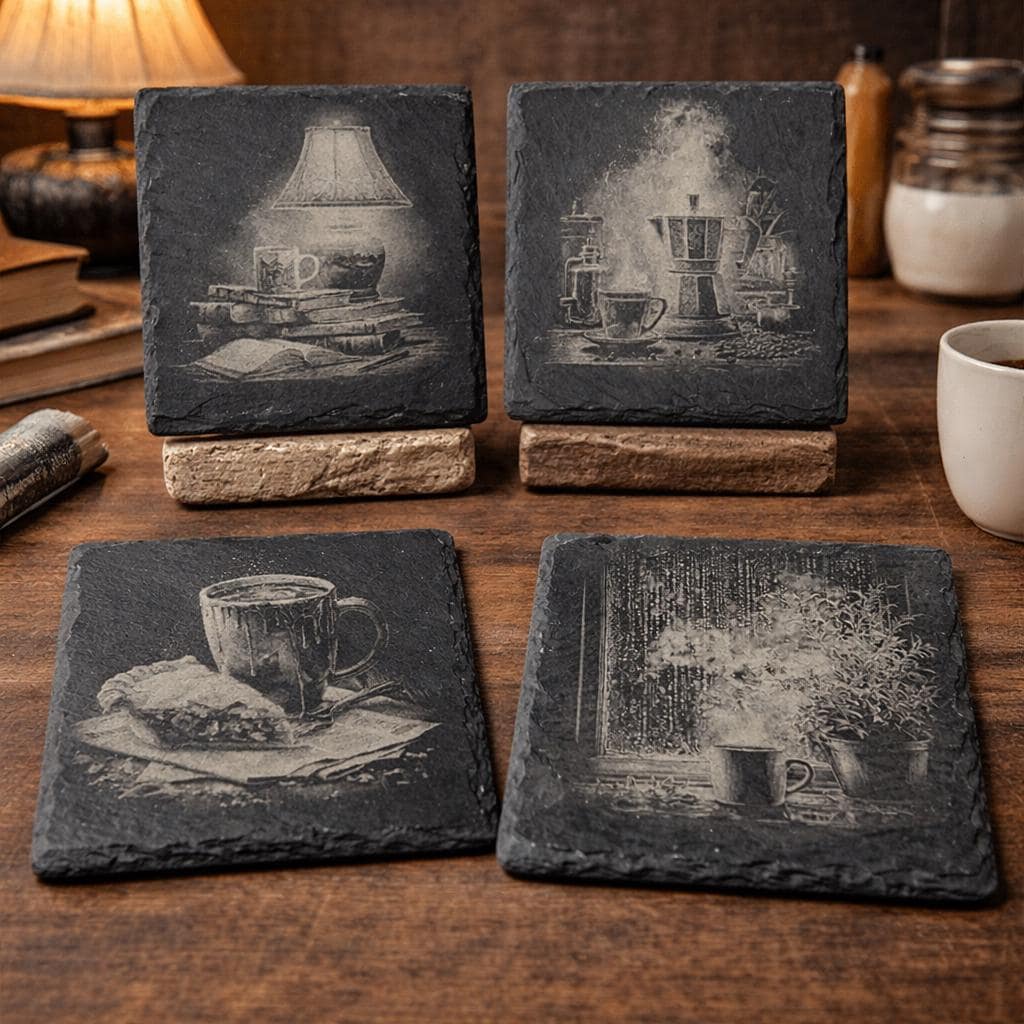 Cozy Coffee Scene Slate Coasters – Set of 4 Caffeine Lover Gift