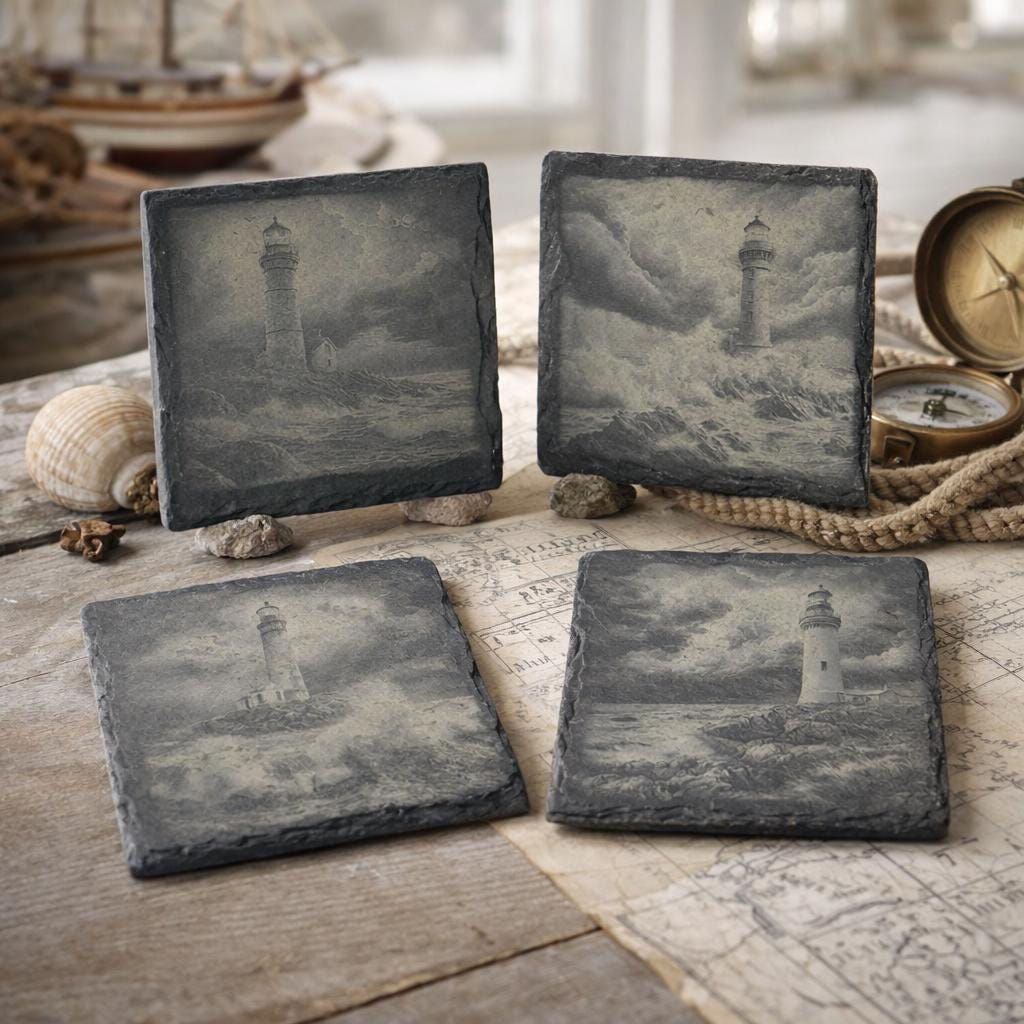 Stormy Lighthouse Slate Coaster Set – Engraved Coastal Weather Designs (4 Pack)
