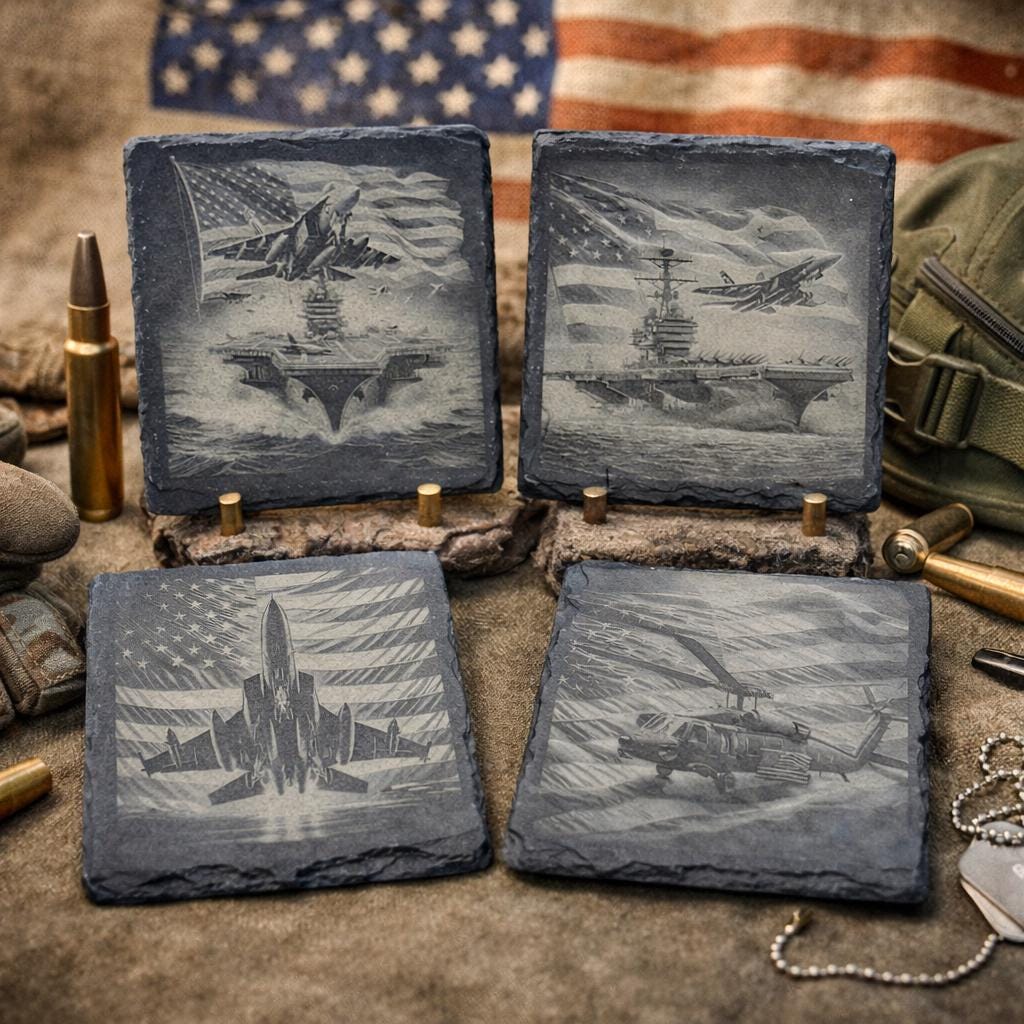 American Flag Military Slate Coasters – Set of 4 Engraved Aircraft & Naval Scenes