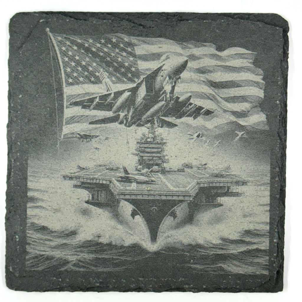 American Flag Military Slate Coasters – Set of 4 Engraved Aircraft & Naval Scenes