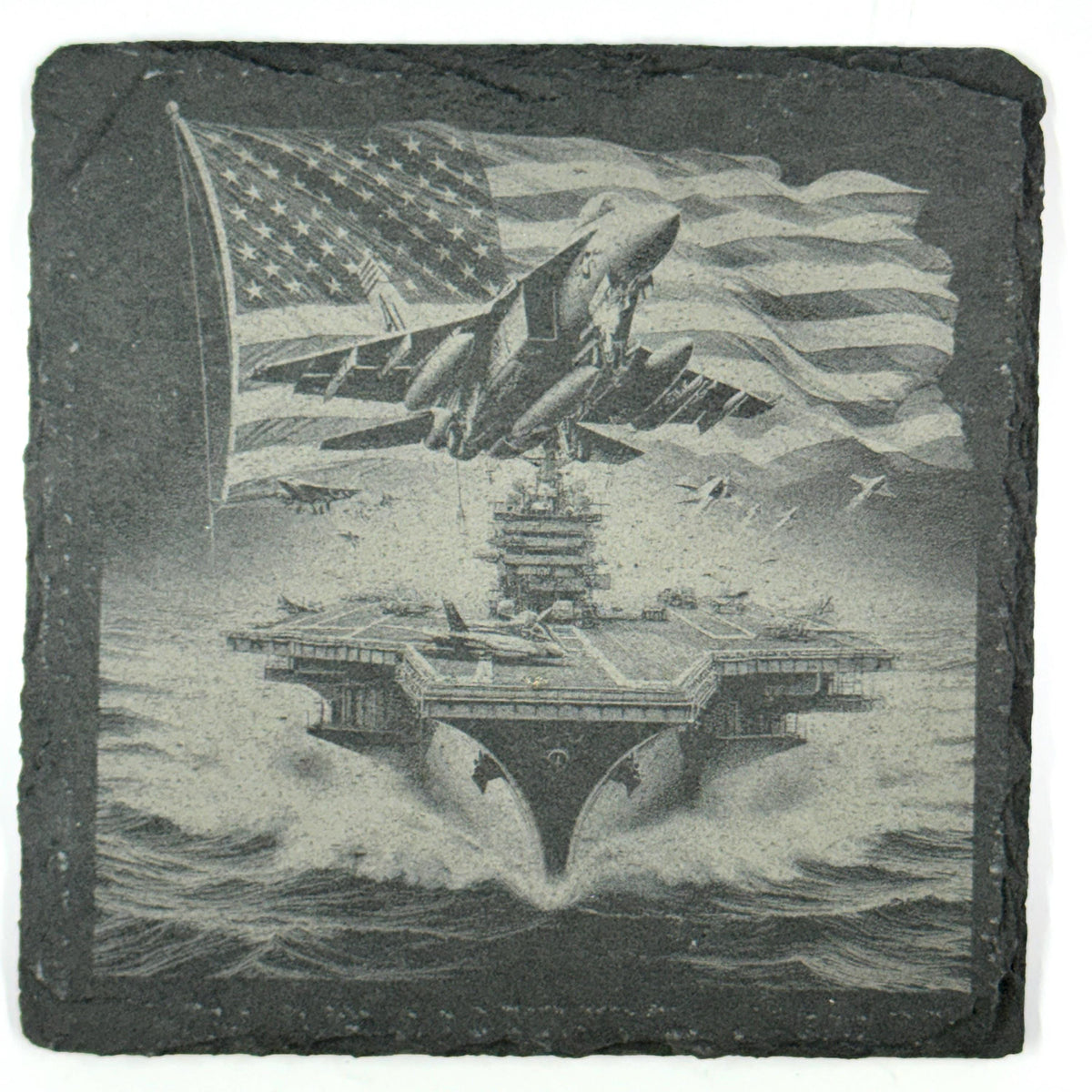 American Flag Military Slate Coasters – Set of 4 Engraved Aircraft & Naval Scenes