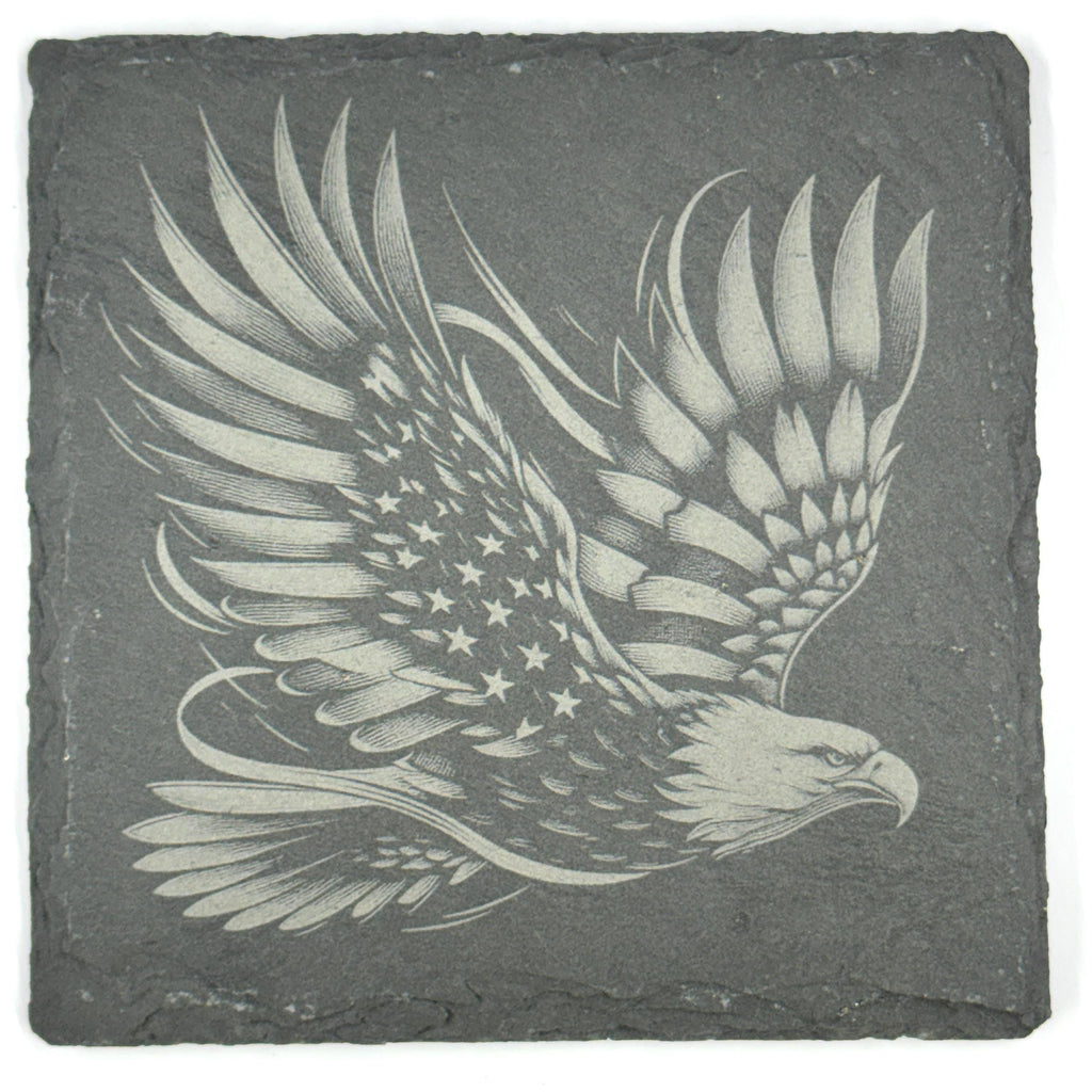American Eagle Flag Set of 4 Laser Engraved Patriotic Slate Drink Coasters