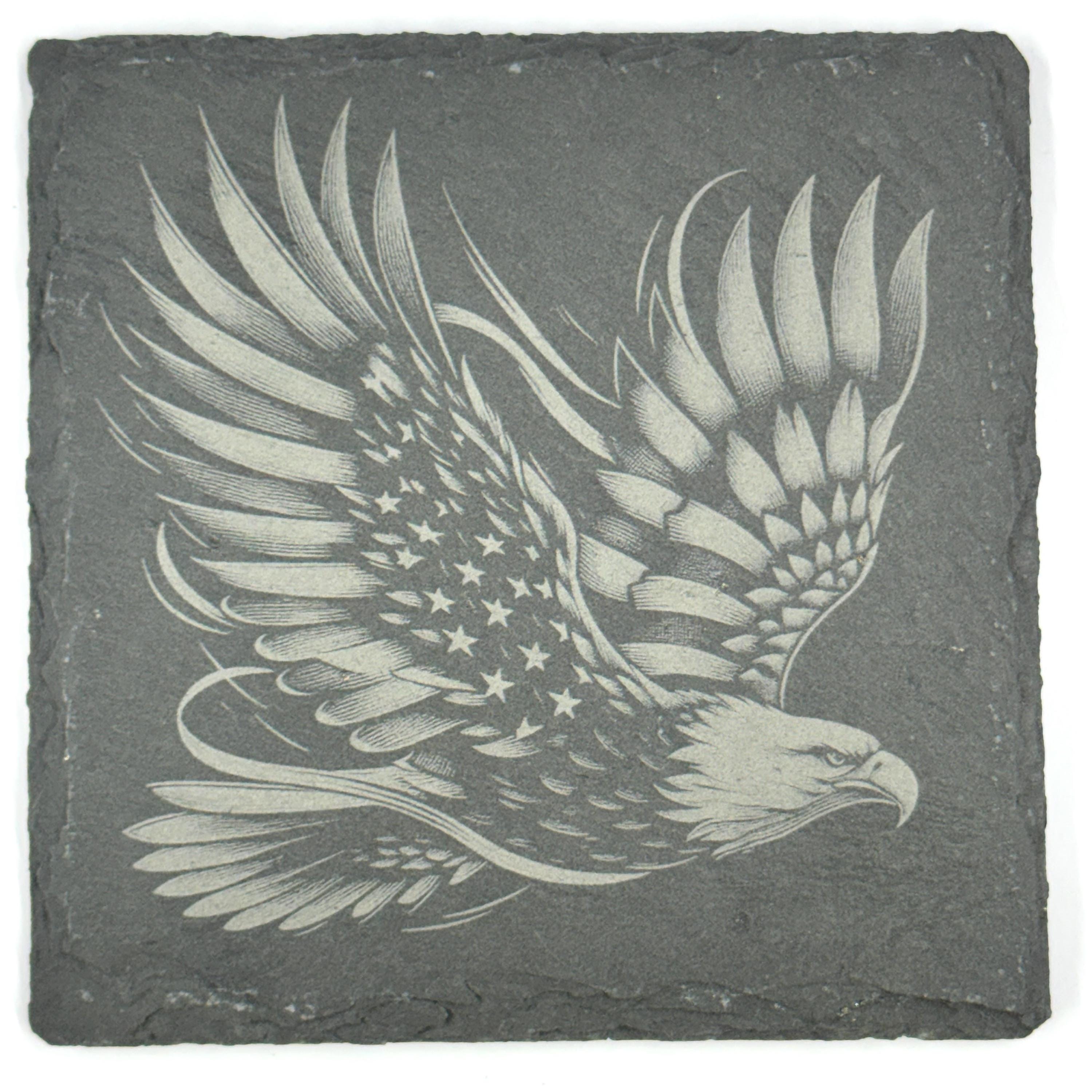 American Eagle Flag Set of 4 Laser Engraved Patriotic Slate Drink Coasters