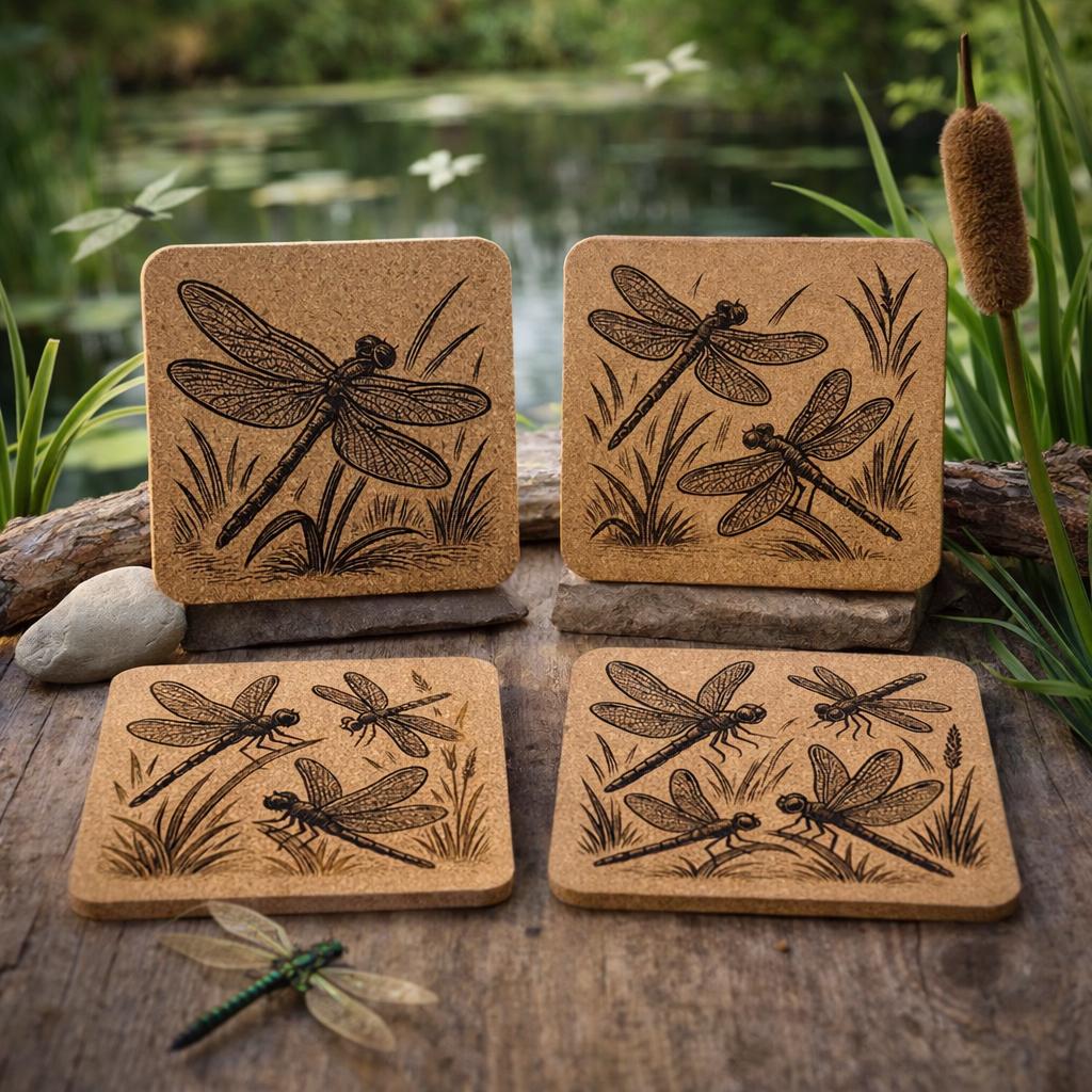 Dragonfly Cork Coaster Set: Laser Engraved Rustic Drink Coasters