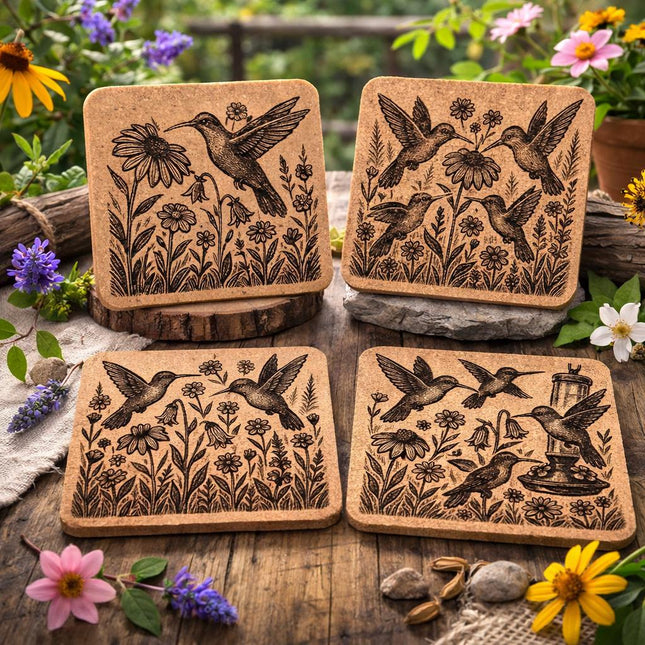 Hummingbird Cork Coaster Set: Laser Engraved Floral Design
