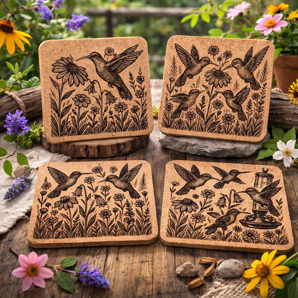 Hummingbird Cork Coaster Set: Laser Engraved Floral Design