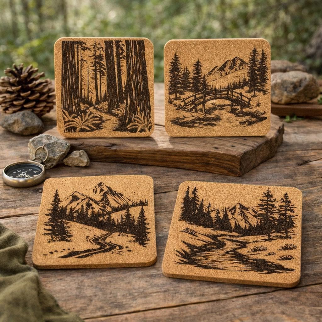 Mountain Trail Set of 4  Cork Coasters, Rustic Hiking Path and Nature Décor