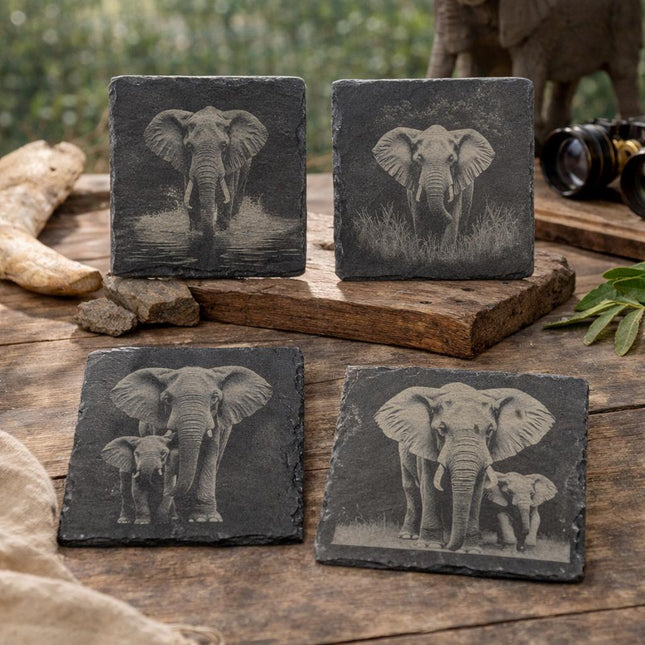 Elephant Slate Coaster Set of 4 – Laser Engraved Wildlife Drink Coasters
