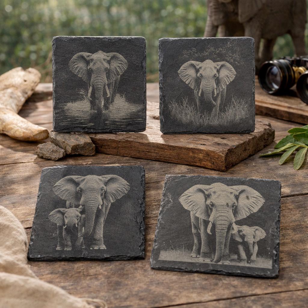 Elephant Slate Coaster Set of 4 – Laser Engraved Wildlife Drink Coasters