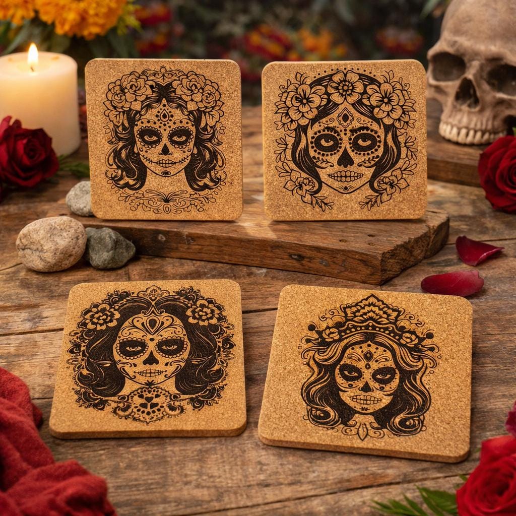 Día de los Muertos Cork Coaster Set – Floral Skull Engraved, Mexican Folk Art