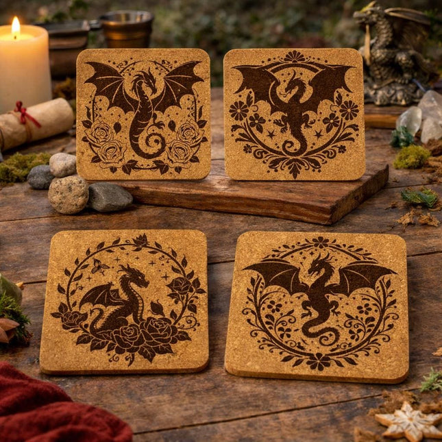 Dragon Cork Coaster Set – Fantasy Floral Engraved 4-Pack – Mythical Creature Home Decor