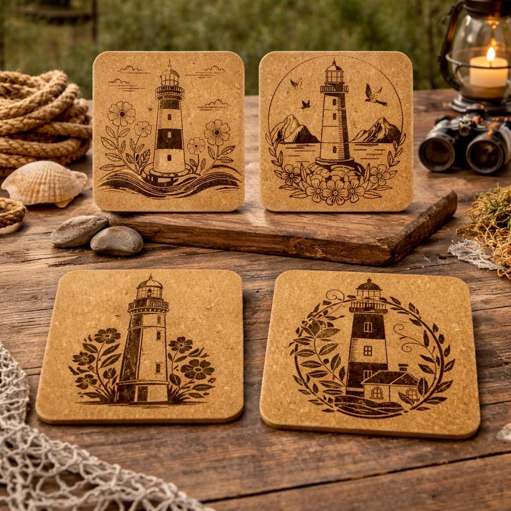 Lighthouse Cork Coaster Set – Floral Coastal Decor – Laser Engraved 4-Pack