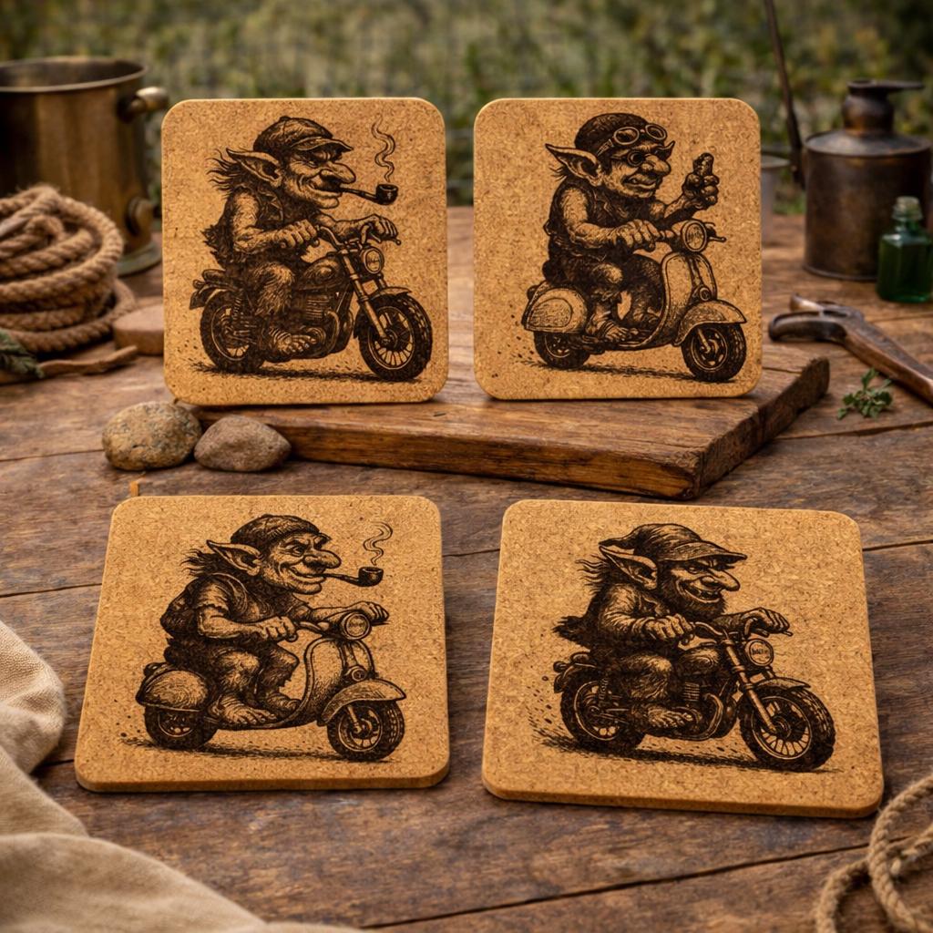 Goblin Motorcycle Laser Engraved Set of 4 Cork Coasters