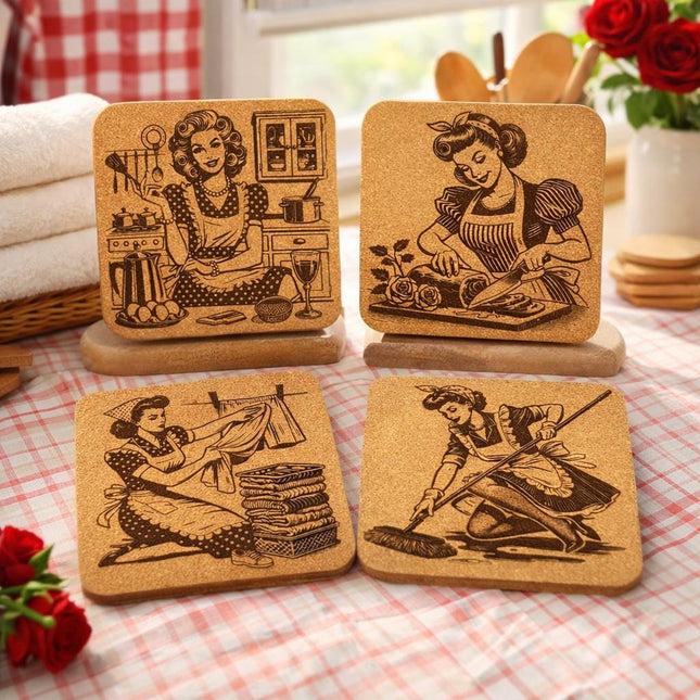 Retro Housewife Coaster Set – Vintage-Style 1950s Engraved Cork Coasters – 4-Pack