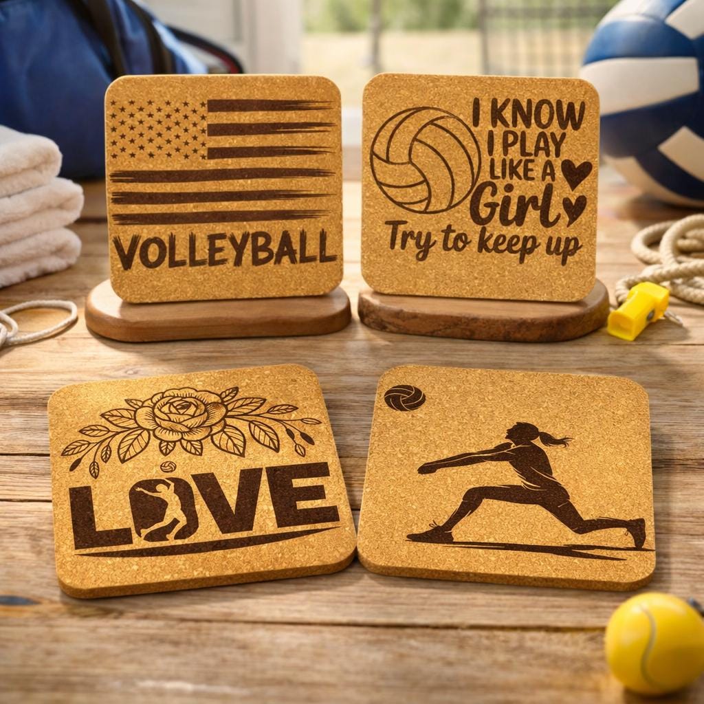 Volleyball Cork Coaster Set – Laser Engraved Sports Gift for Players, Coaches & Fans – 4-Pack