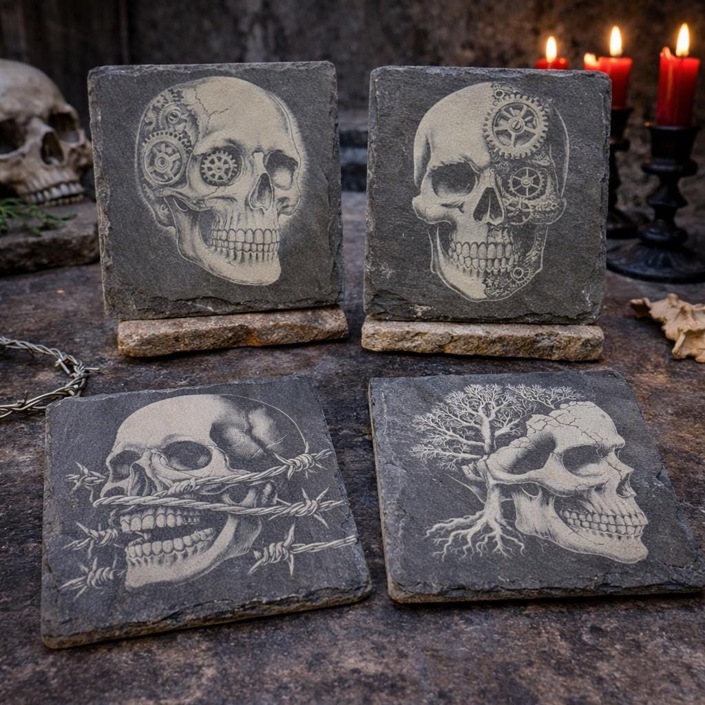 Industrial Gothic Skull Slate Coasters – Macabre Art with Steampunk Edge