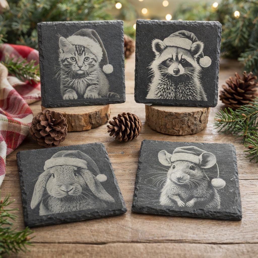 Holiday Animals Laser Engraved Slate Coaster Set of 4