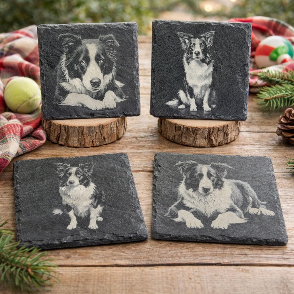 Border Collie Laser Engraved Slate Coaster Set of 4