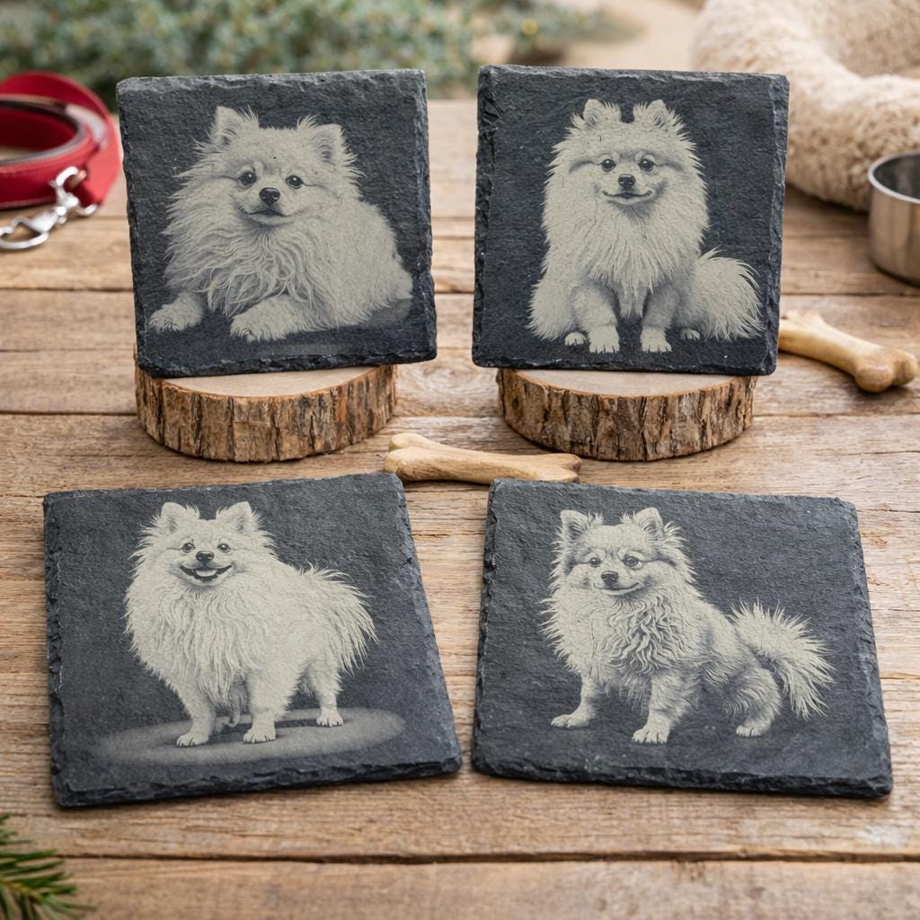 Pomeranian Laser Engraved Slate Coaster Set of 4