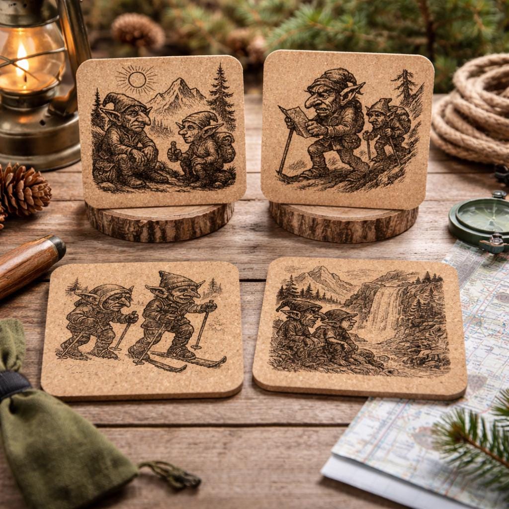 Hiking Goblins Coaster Set of 4 Laser Engraved Cork - Fantasy Adventure