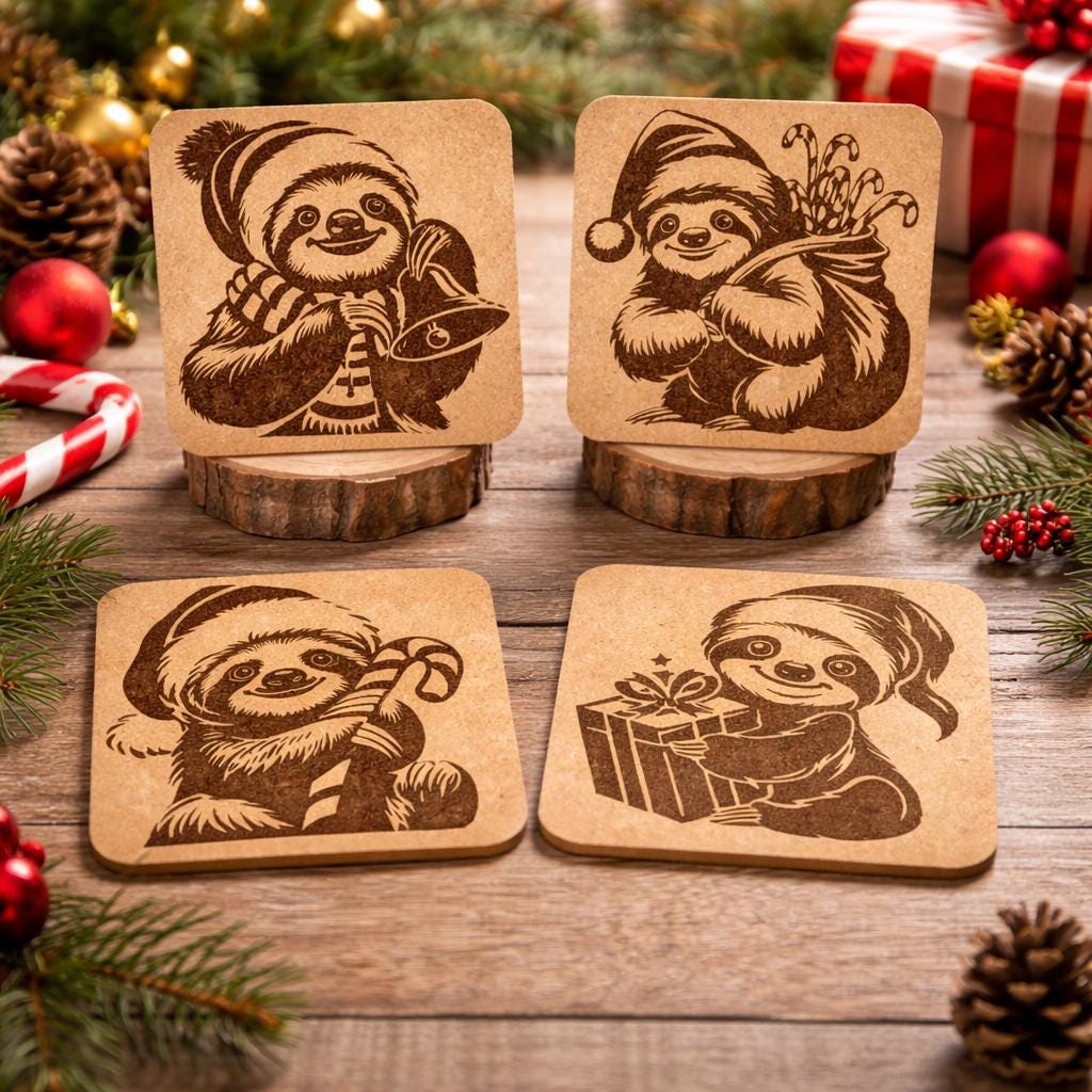 Christmas Sloth Coaster Set – 4 Festive Laser Engraved Cork Drink Coasters