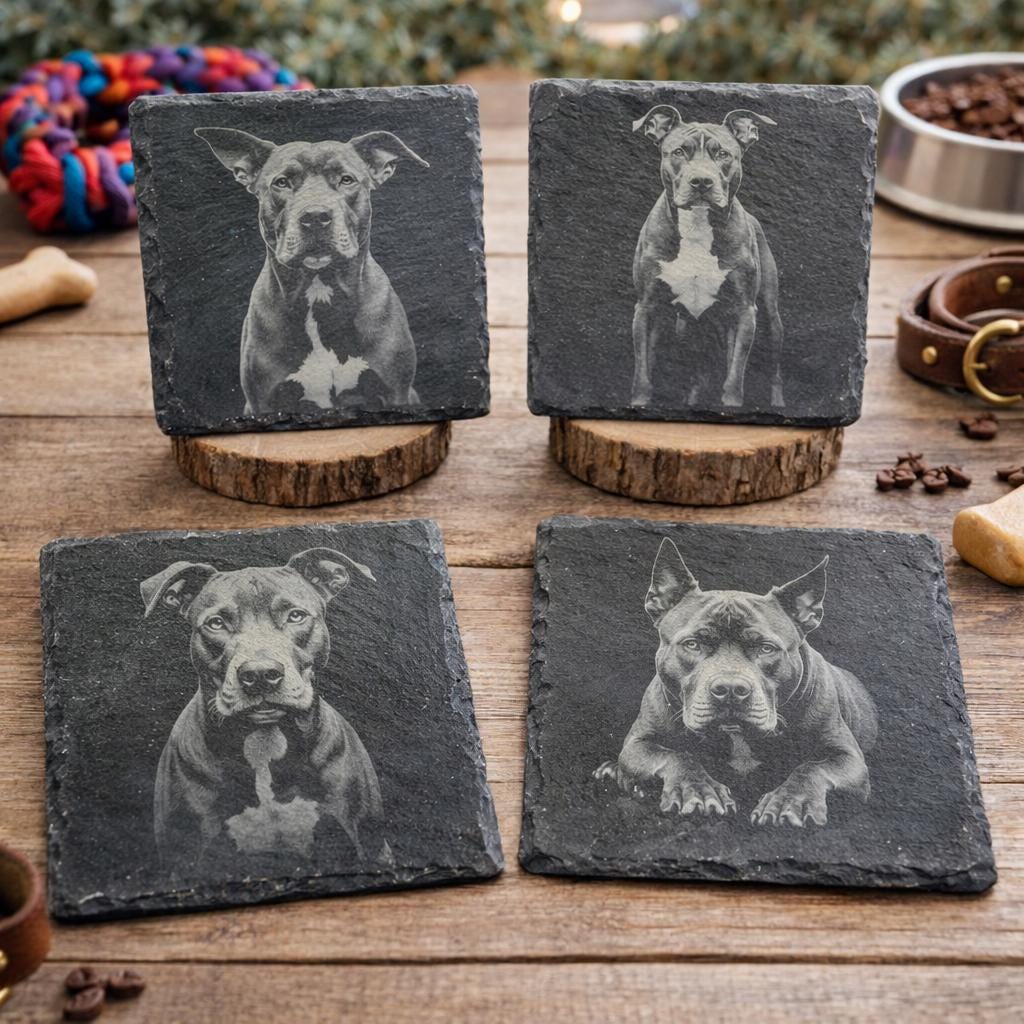 Pit Bull Laser Engraved Slate Coaster Set of 4