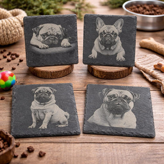 Pug Slate Coasters - Set of 4 Laser Engraved