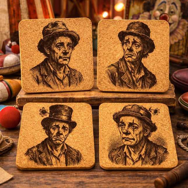 Vintage Hobo Clown Cork Coasters – Circus Performer Drinkware Bar Table Protection Set