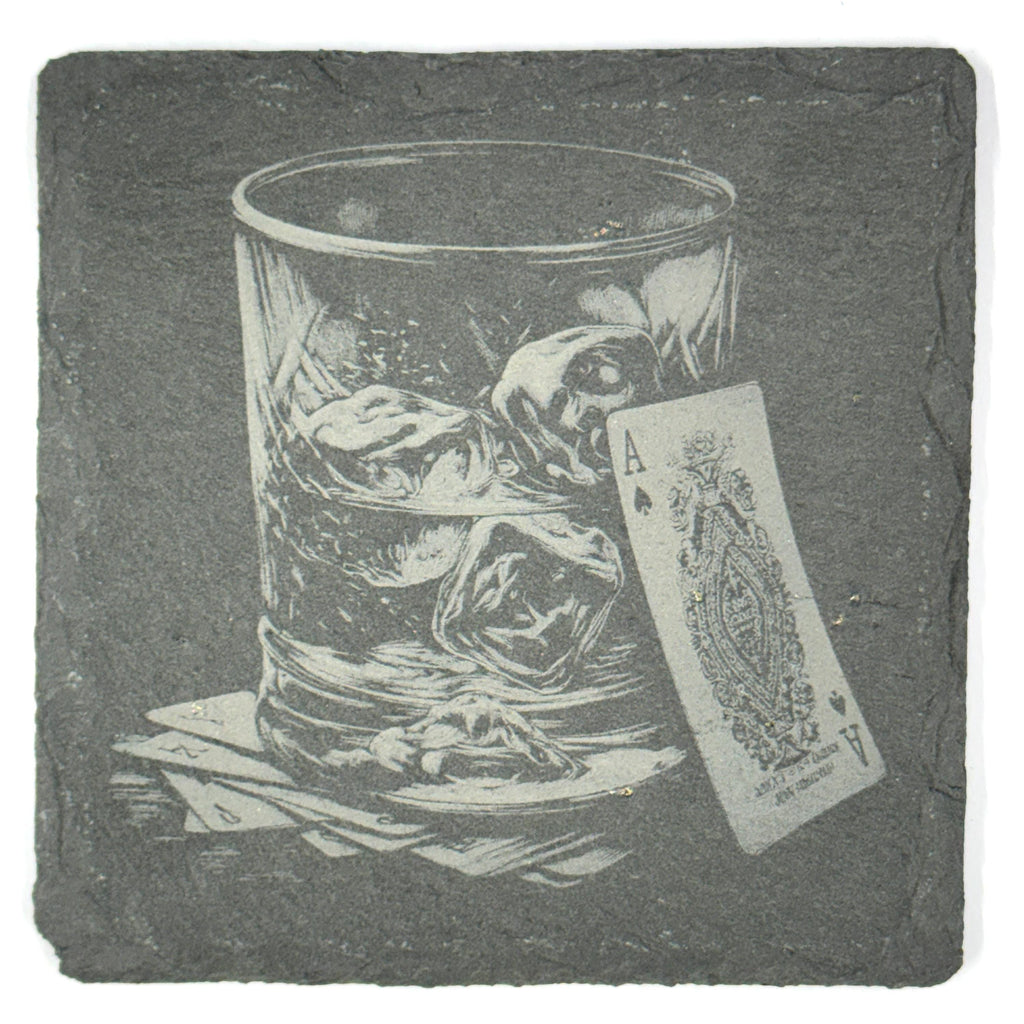 Whiskey Slate Coasters Set – Bourbon Scotch Cocktail Bar Drinkware Poker Cards Cigar Flames