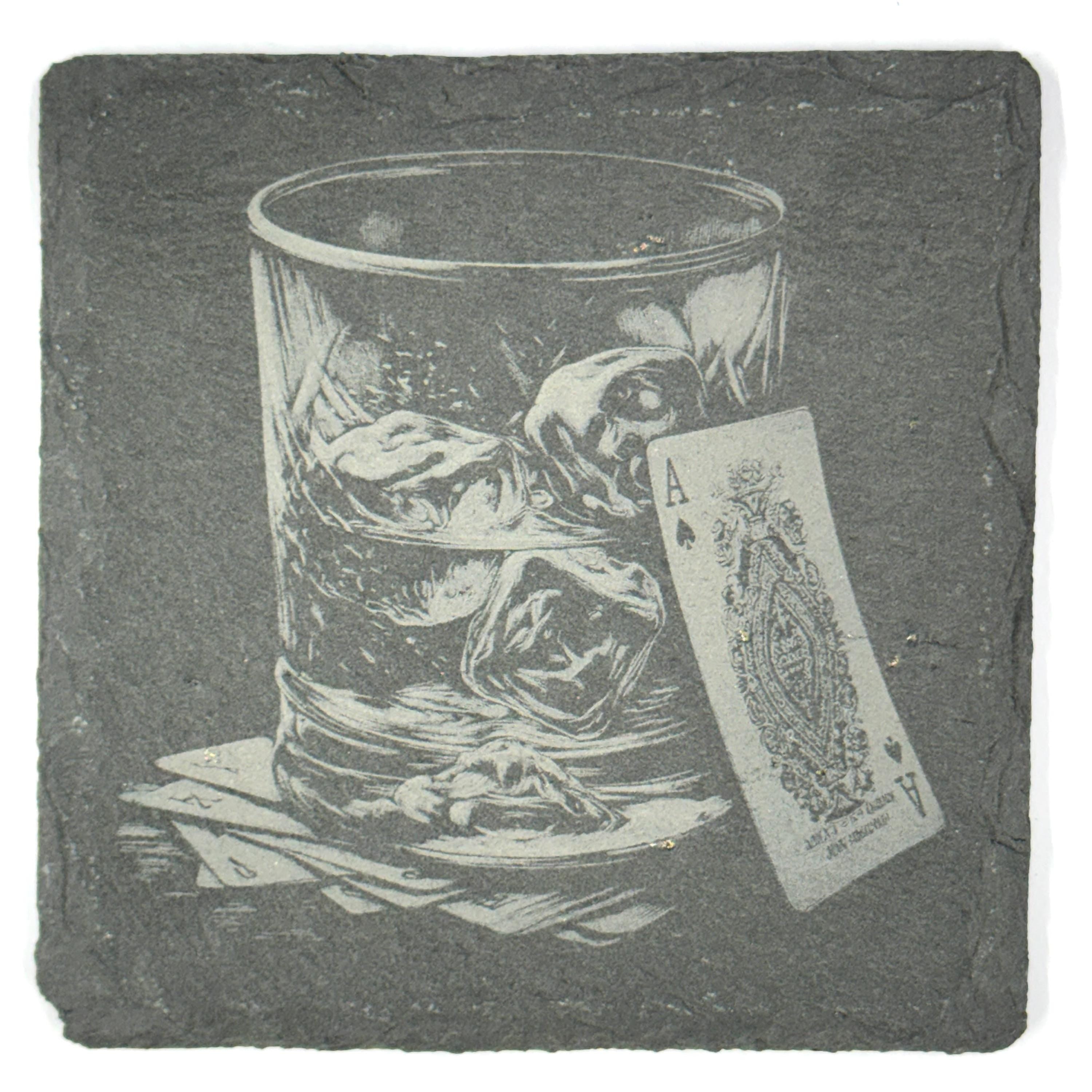 Whiskey Slate Coasters Set – Bourbon Scotch Cocktail Bar Drinkware Poker Cards Cigar Flames