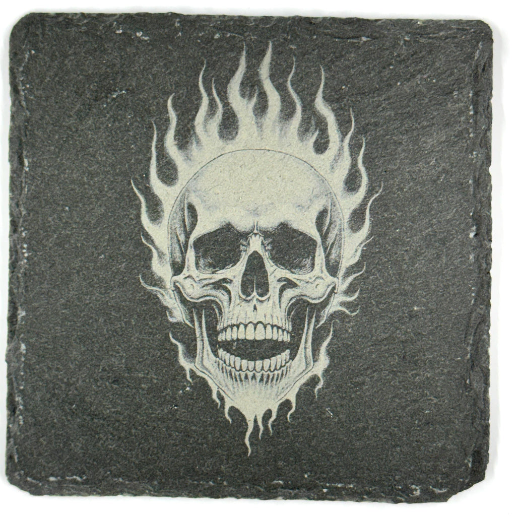 Flaming Skull Slate Coasters Set – Gothic Fire Skeleton Halloween Bar Decor