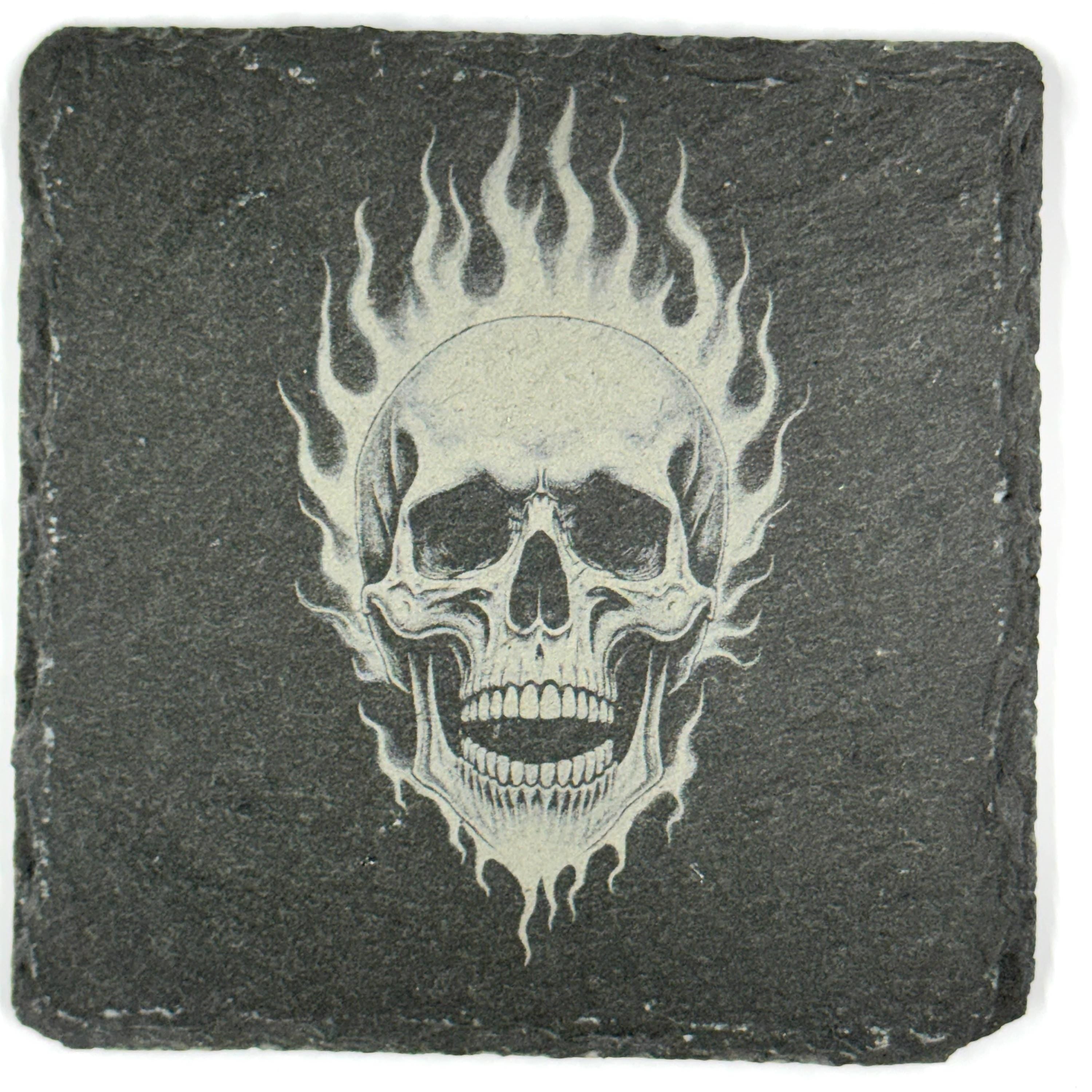 Flaming Skull Slate Coasters Set – Gothic Fire Skeleton Halloween Bar Decor