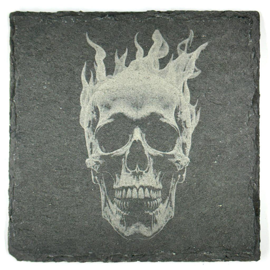Flaming Skull Slate Coasters Set – Gothic Fire Skeleton Halloween Bar Decor