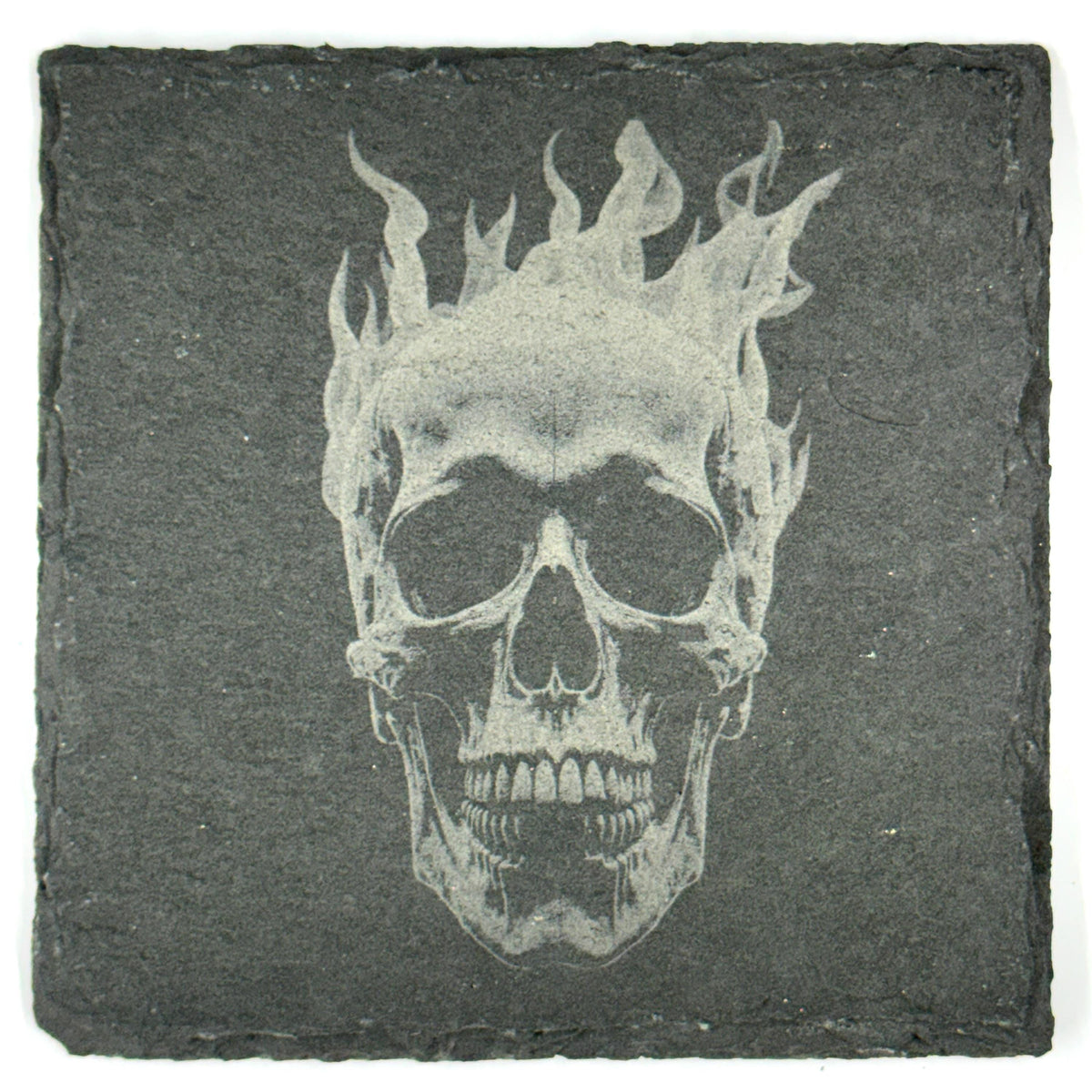 Flaming Skull Slate Coasters Set – Gothic Fire Skeleton Halloween Bar Decor