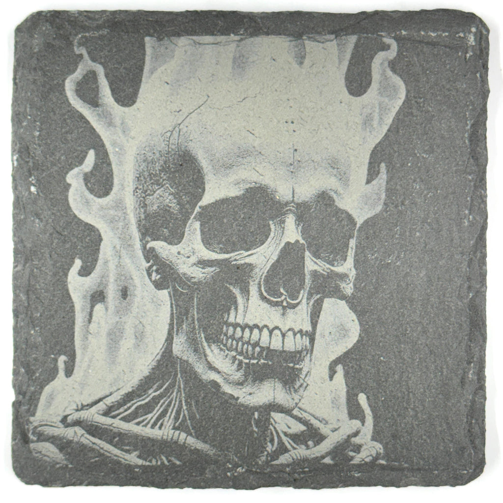 Flaming Skull Slate Coasters Set – Gothic Fire Skeleton Halloween Bar Decor