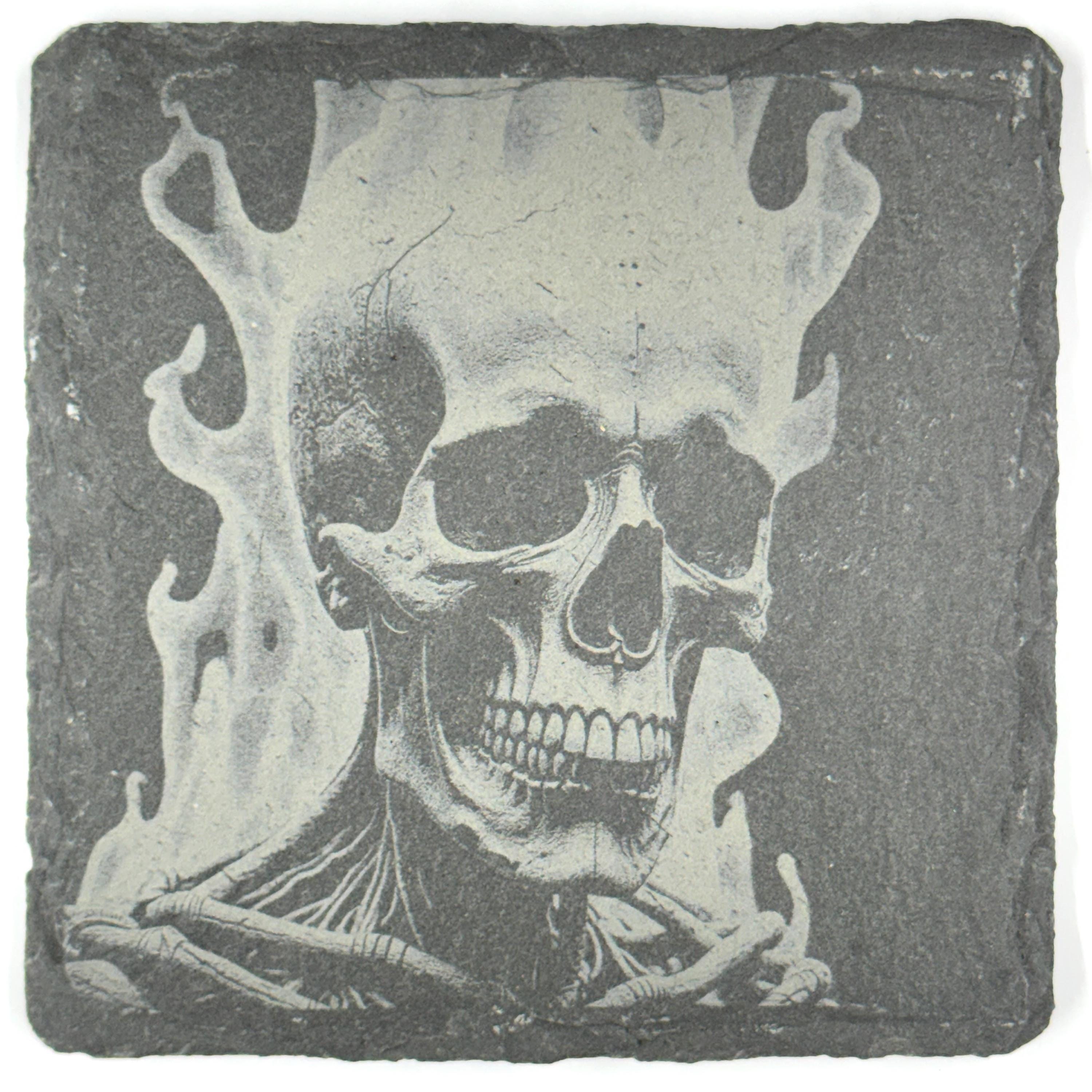 Flaming Skull Slate Coasters Set – Gothic Fire Skeleton Halloween Bar Decor