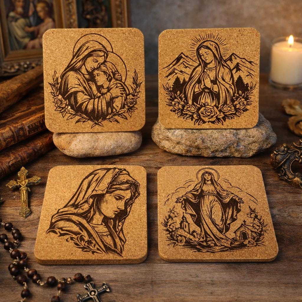 Virgin Mary Cork Coasters Set – Catholic Christian Faith Religious Gift