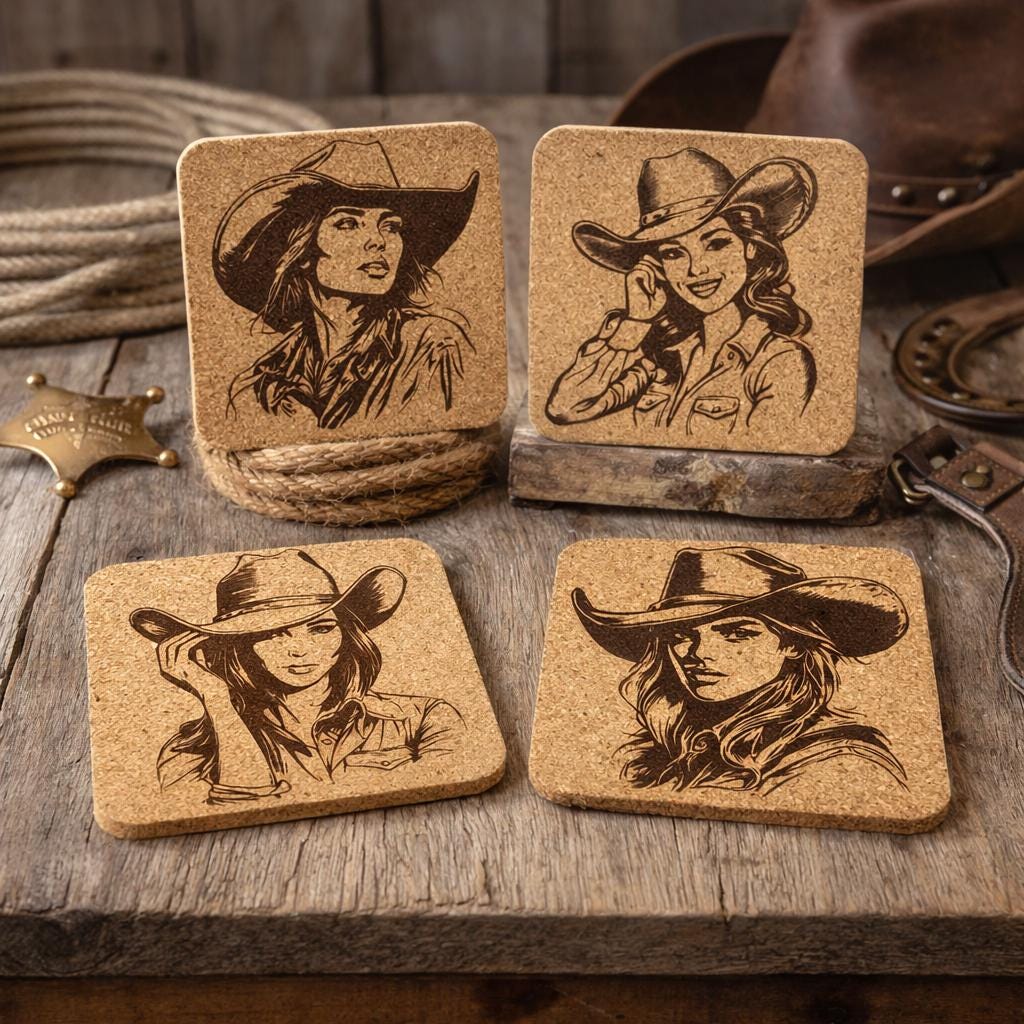 Cowgirl Portrait Coasters Set – Western Country Rustic Ranch Decor Gift
