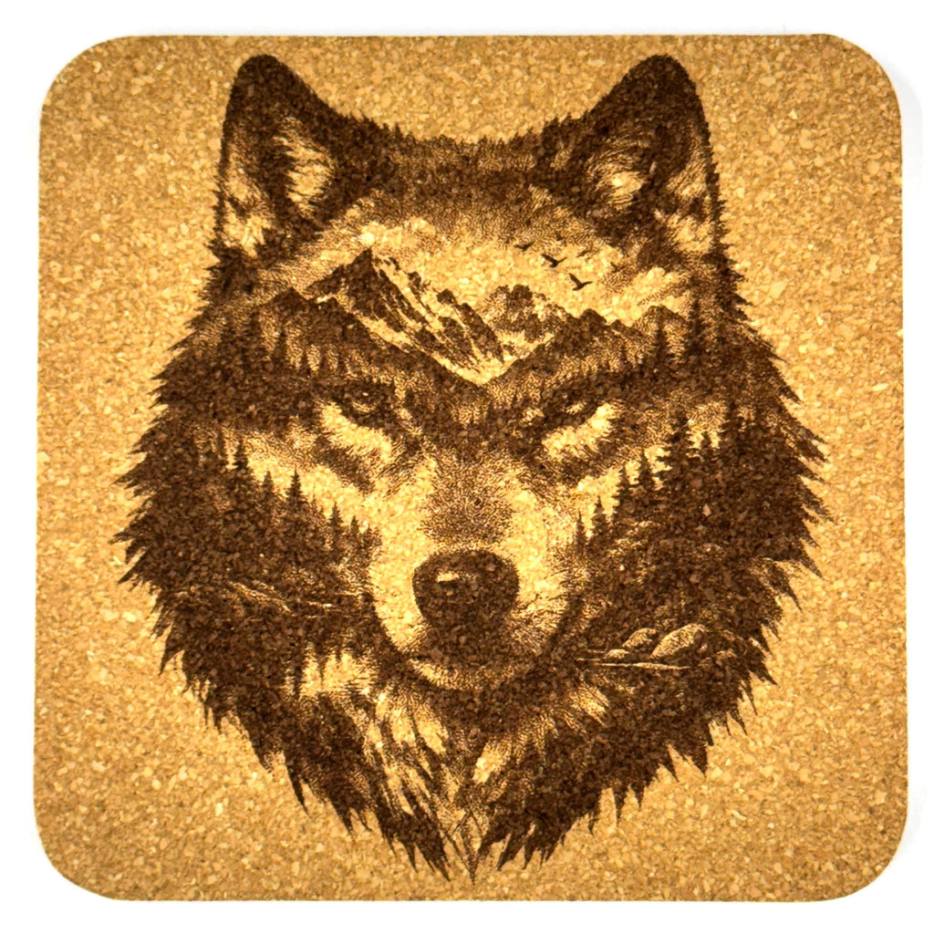 Mountain Wolf Cork Coasters Set of 4 Rustic Wildlife Cabin Decor