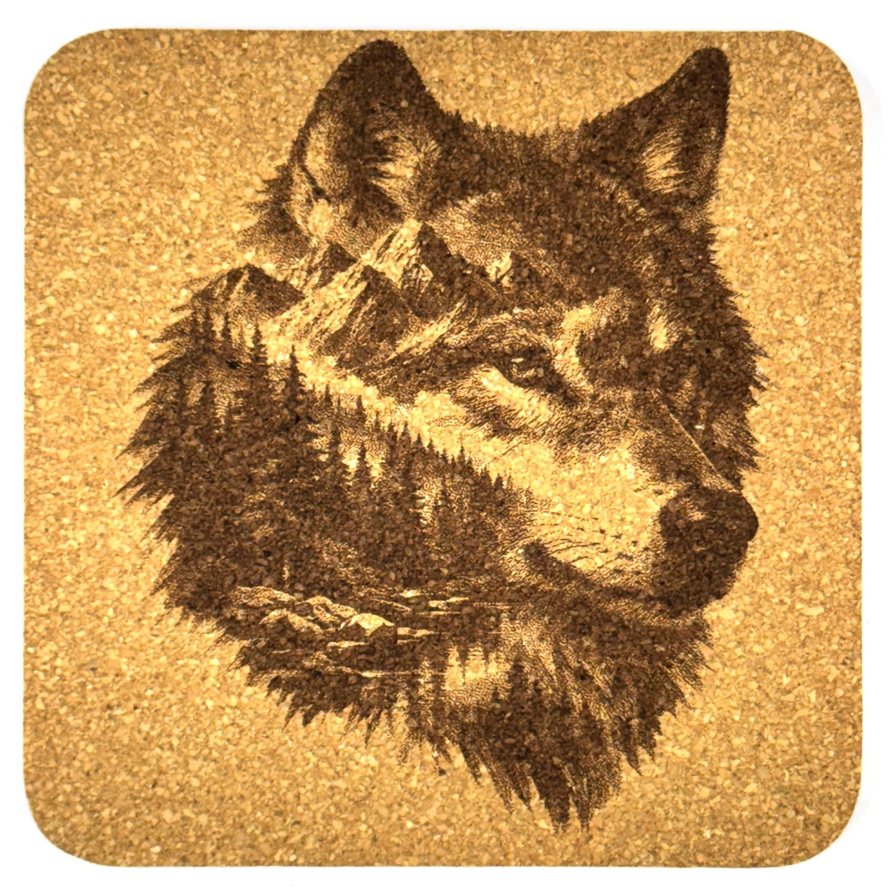 Mountain Wolf Cork Coasters Set of 4 Rustic Wildlife Cabin Decor
