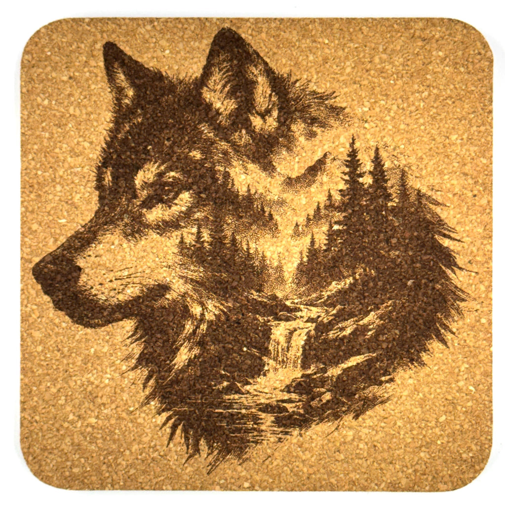 Mountain Wolf Cork Coasters Set of 4 Rustic Wildlife Cabin Decor