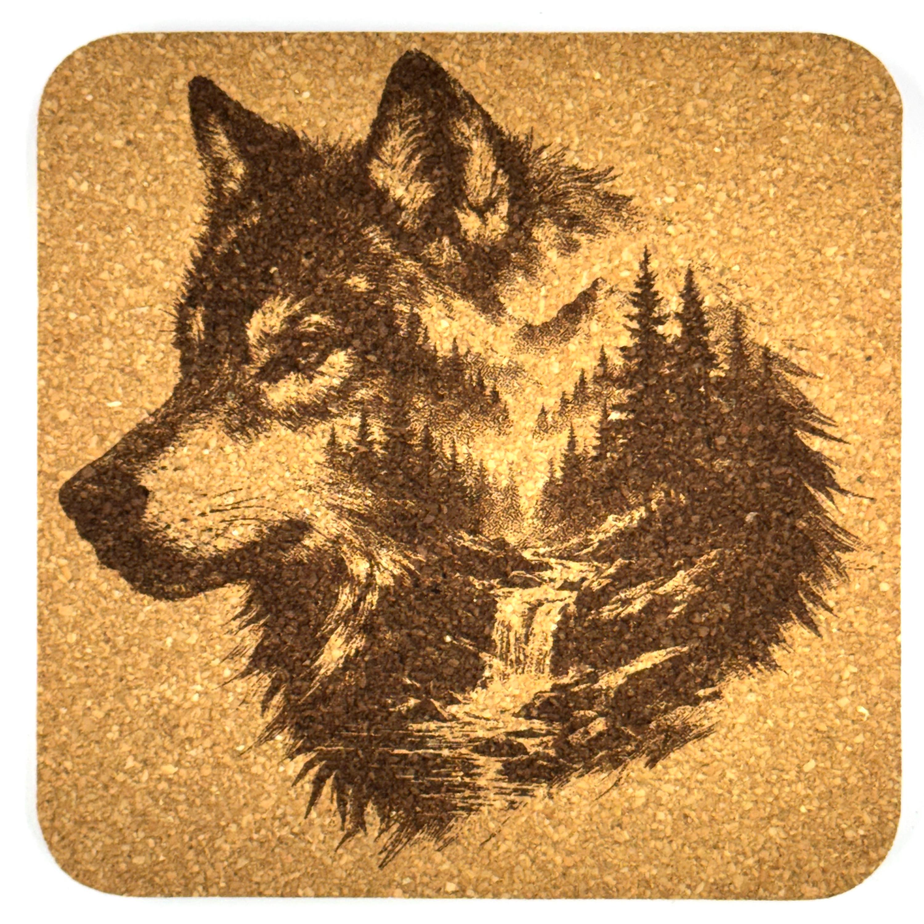Mountain Wolf Cork Coasters Set of 4 Rustic Wildlife Cabin Decor