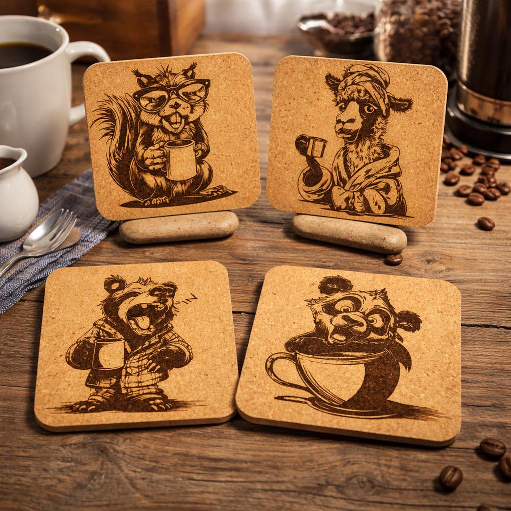 Funny Coffee Loving Animal Coasters – Morning Caffeine Set