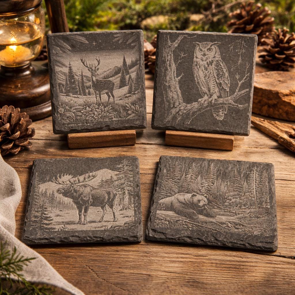 Woodland Wildlife Coasters – Set of 4 Calm Forest Scenes on Natural Slate