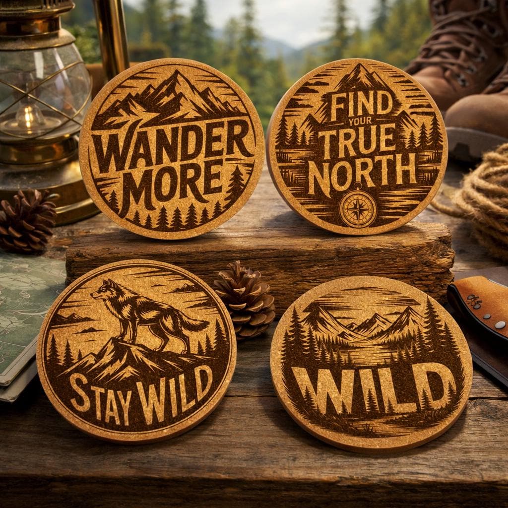 Adventure Mountain Cork Coasters – Wander More Wilderness Set of 4