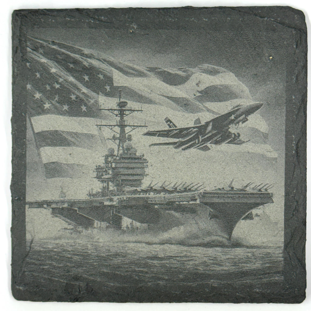 American Flag Military Slate Coasters – Set of 4 Engraved Aircraft & Naval Scenes