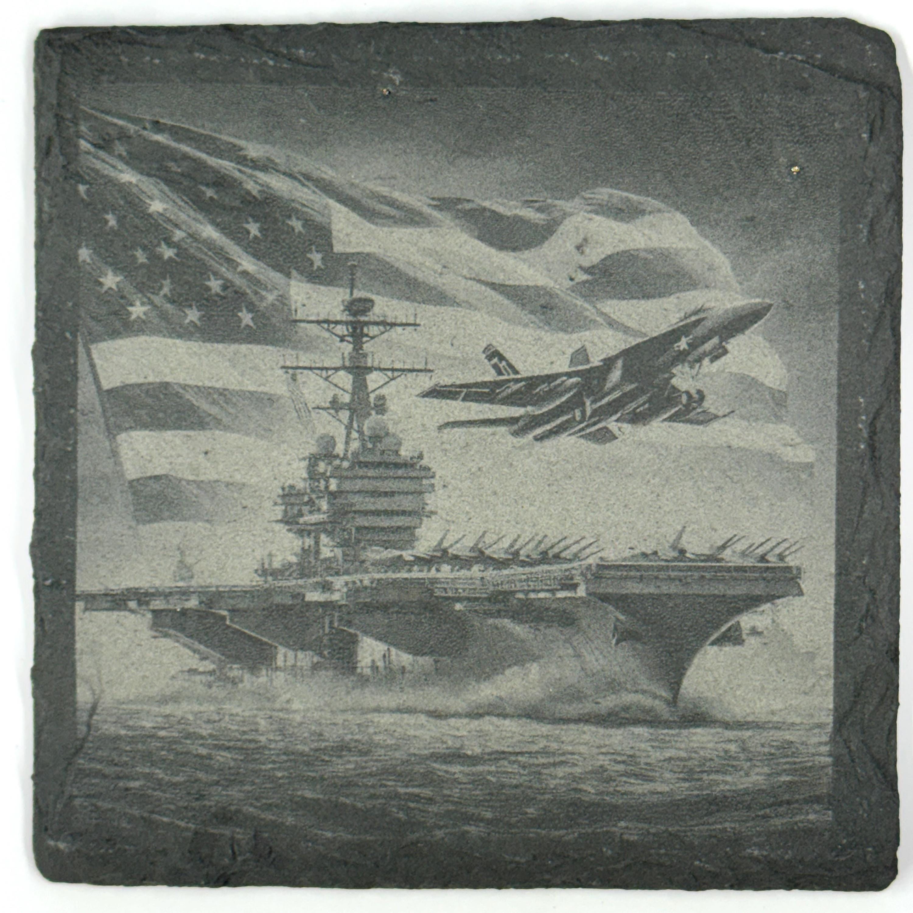 American Flag Military Slate Coasters – Set of 4 Engraved Aircraft & Naval Scenes