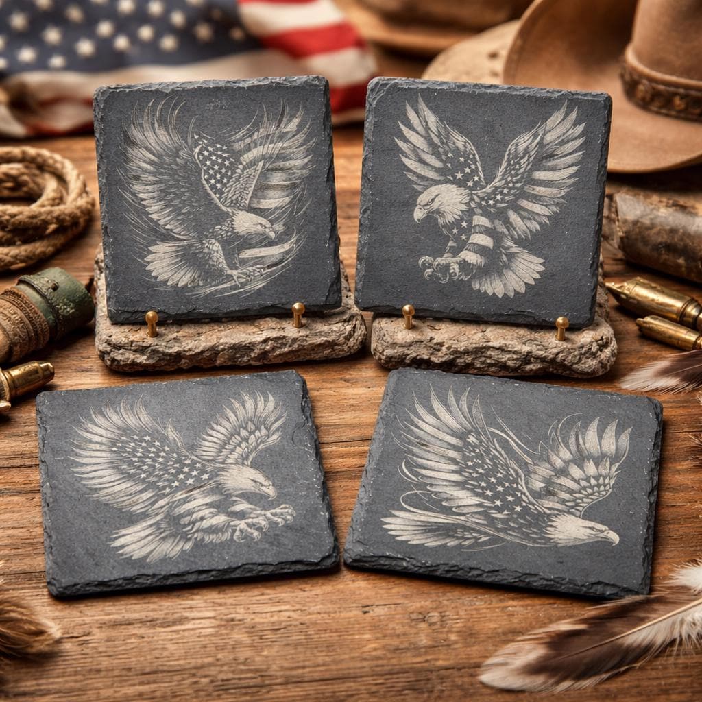 American Eagle Flag Set of 4 Laser Engraved Patriotic Slate Drink Coasters