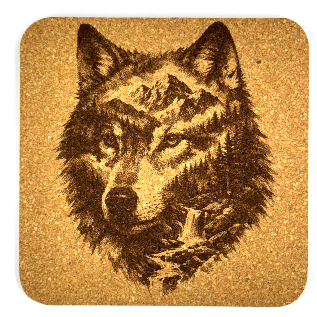 Mountain Wolf Cork Coasters Set of 4 Rustic Wildlife Cabin Decor