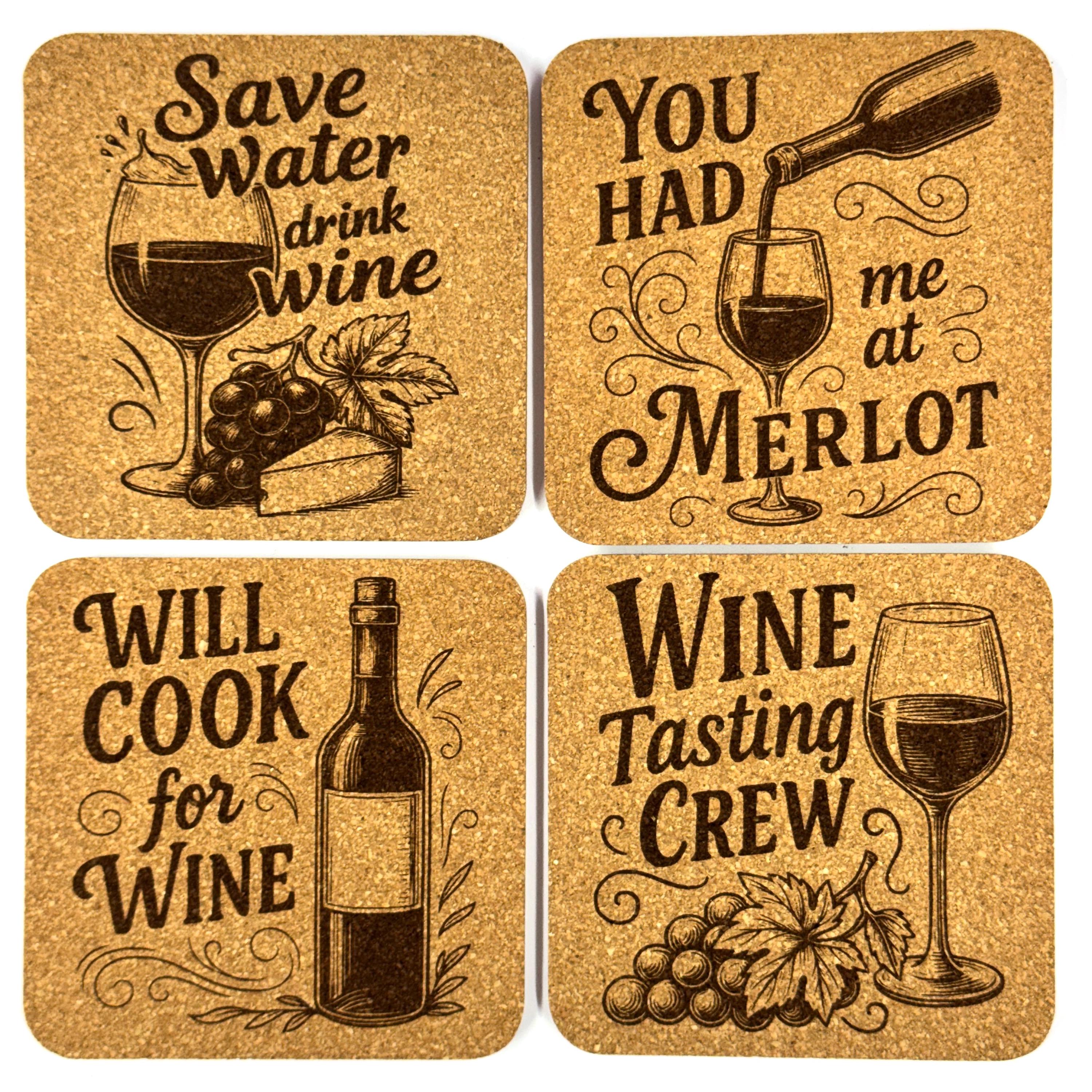 Funny Wine Coaster Set – 8 Pack Cork Coasters, Wine Sayings, Wine Lover Gift